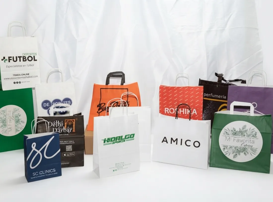 Selección de bolsas de papel personalizadas con el logotipo de distintos negocios de Canarias