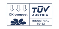 Sello TÜV Austria OK compost INDUSTRIAL S0152 — compostable en planta industrial